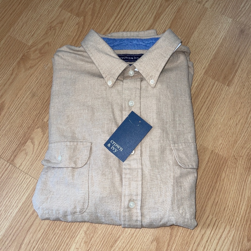NWT Crown & Ivy Men’s Tan Flannel Long Sleeve Button Down Shirt Size XXL